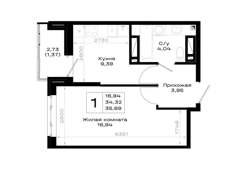 1-комн. 35.7 м²