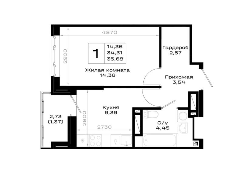 1-комн. 35.7 м²