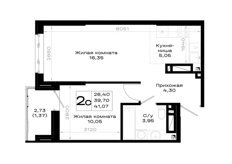 1-комн. 41.1 м²