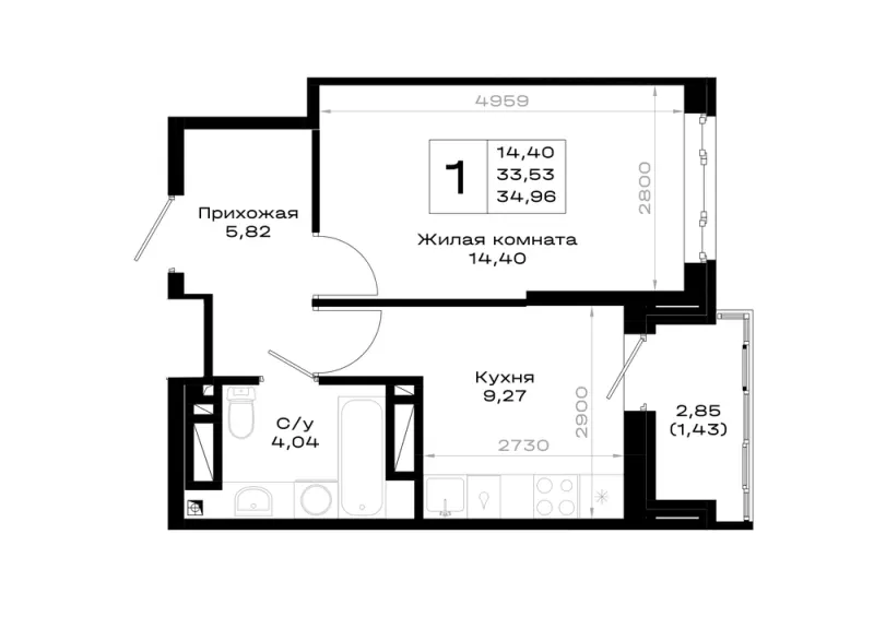 1-комн. 35 м²
