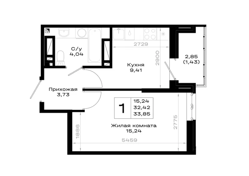 1-комн. 33.9 м²