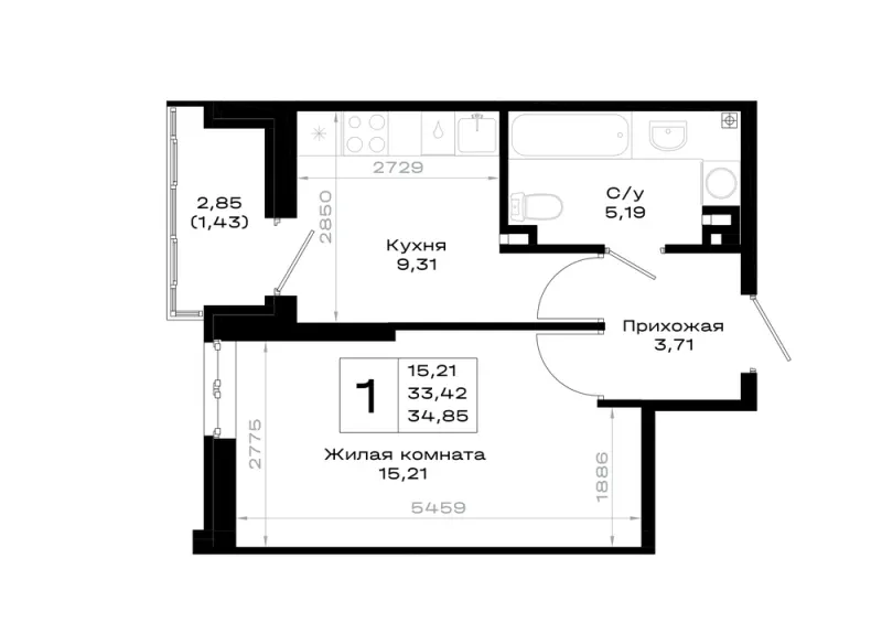 1-комн. 34.9 м²