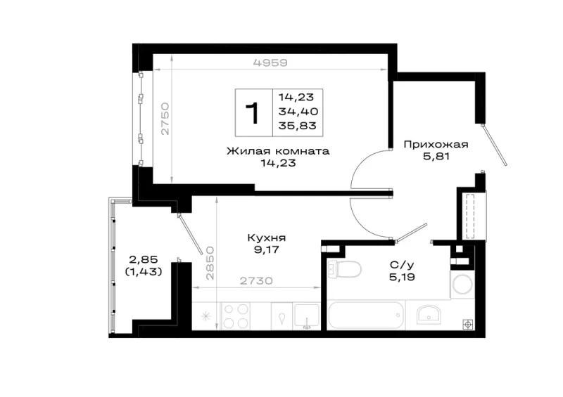 1-комн. 35.8 м²