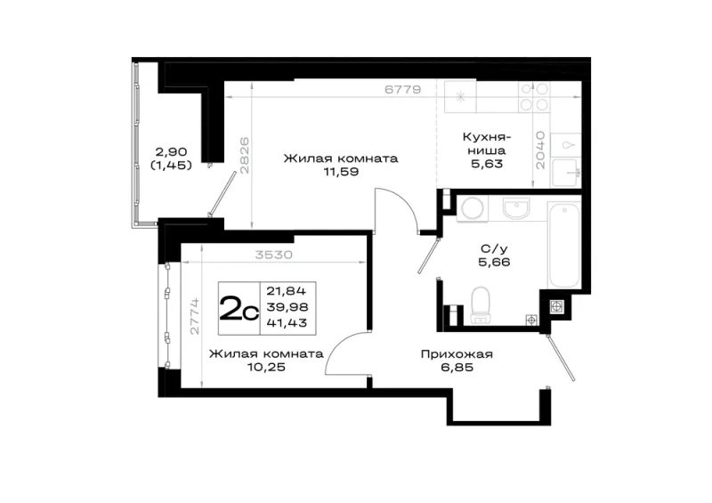 1-комн. 41.4 м²