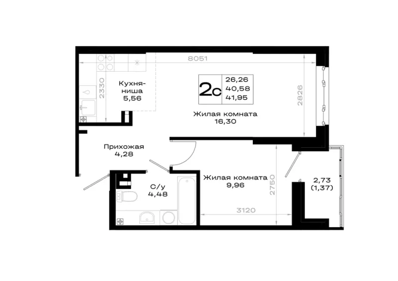 1-комн. 42 м²