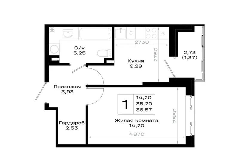 1-комн. 36.6 м²