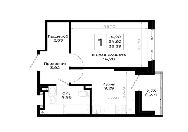 1-комн. 36.3 м²