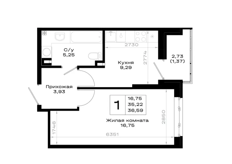 1-комн. 36.6 м²
