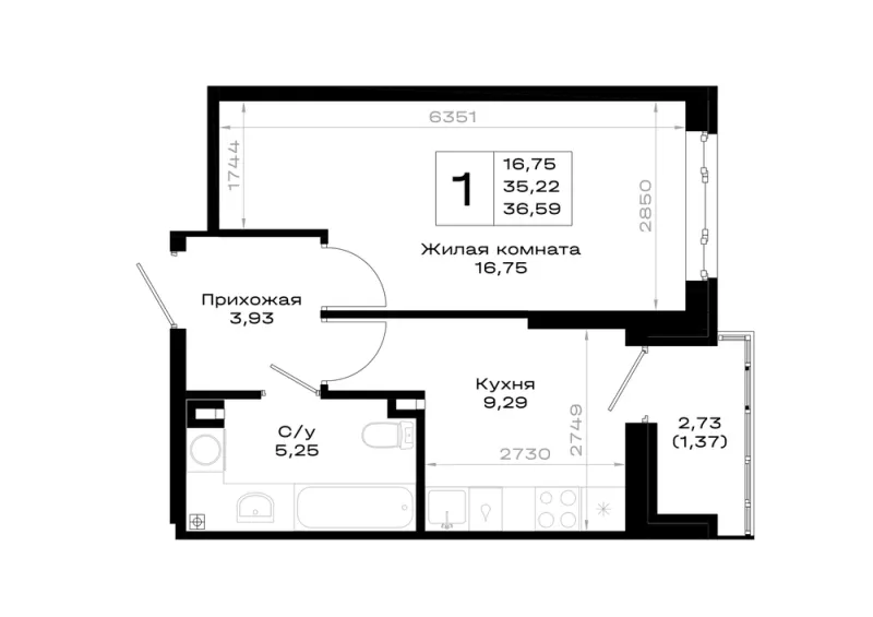 1-комн. 36.6 м²