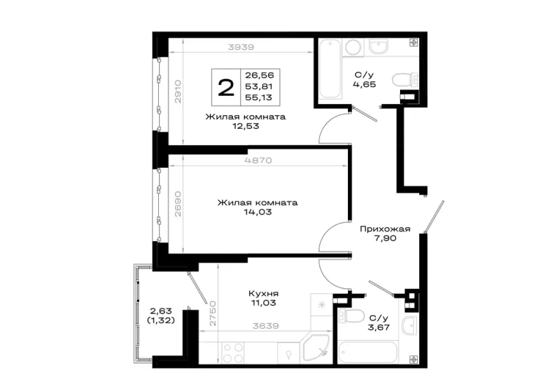 2-комн. 55.1 м²