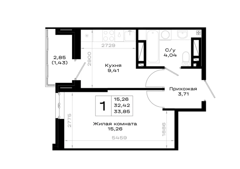 1-комн. 33.9 м²