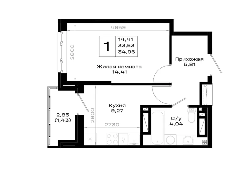 1-комн. 35 м²