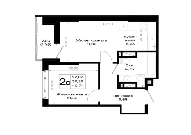 1-комн. 40.7 м²
