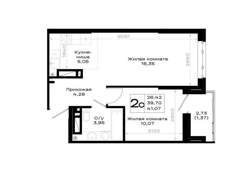 1-комн. 41.1 м²