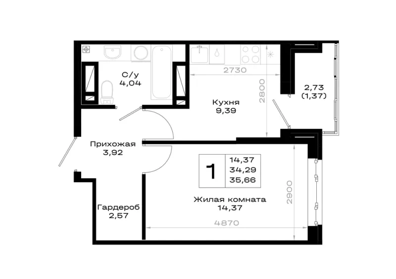 1-комн. 35.7 м²