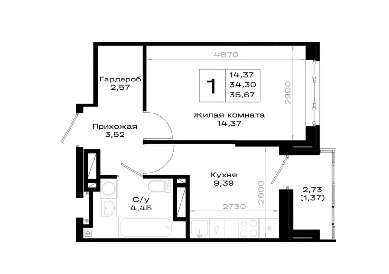 1-комн. 35.7 м²