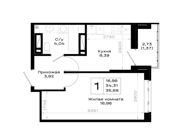 1-комн. 35.7 м²
