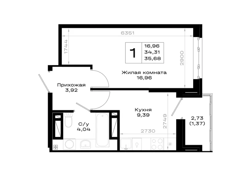 1-комн. 35.7 м²