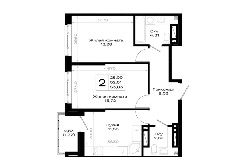 2-комн. 53.8 м²