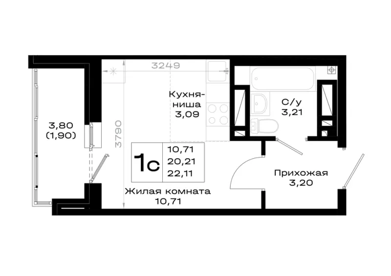 Студия 22.1 м²
