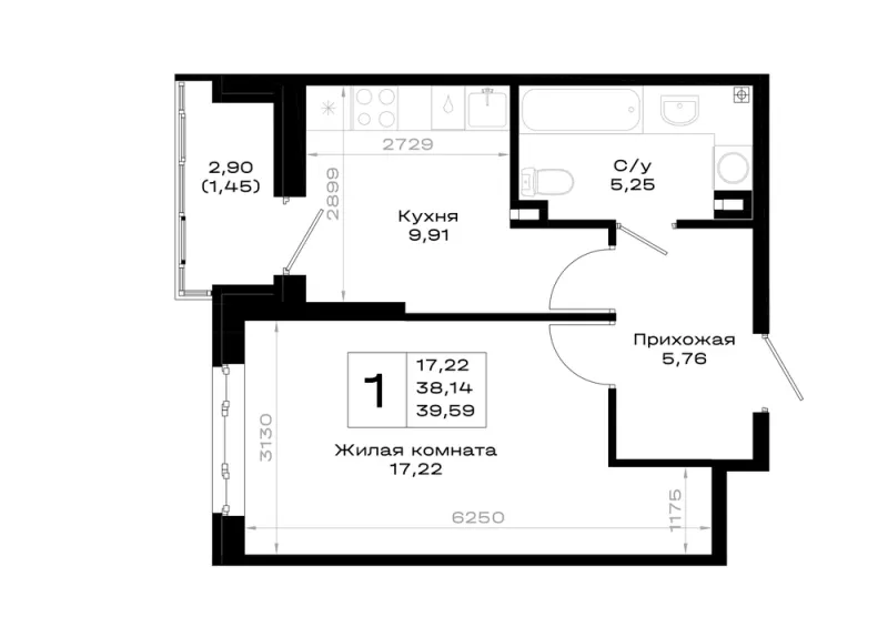 1-комн. 39.6 м²