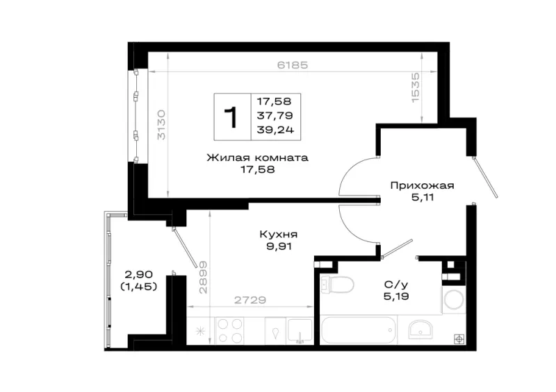 1-комн. 39.2 м²