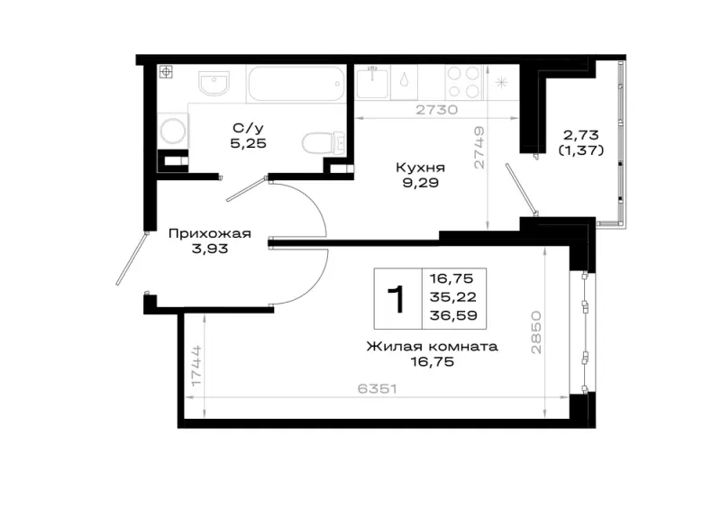 1-комн. 36.6 м²
