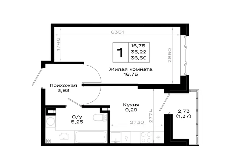 1-комн. 36.6 м²