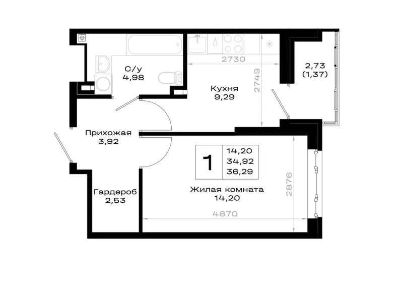 1-комн. 36.3 м²