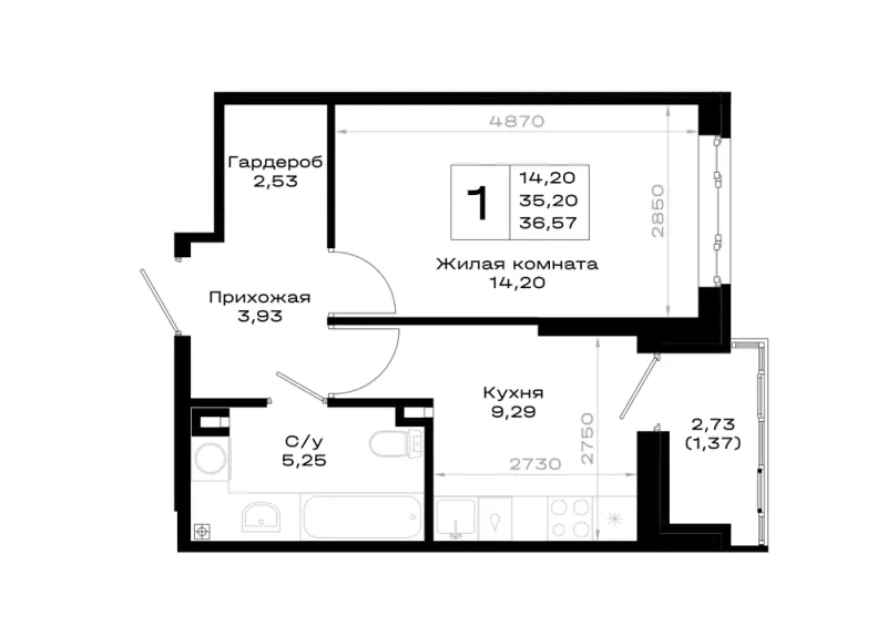 1-комн. 36.6 м²