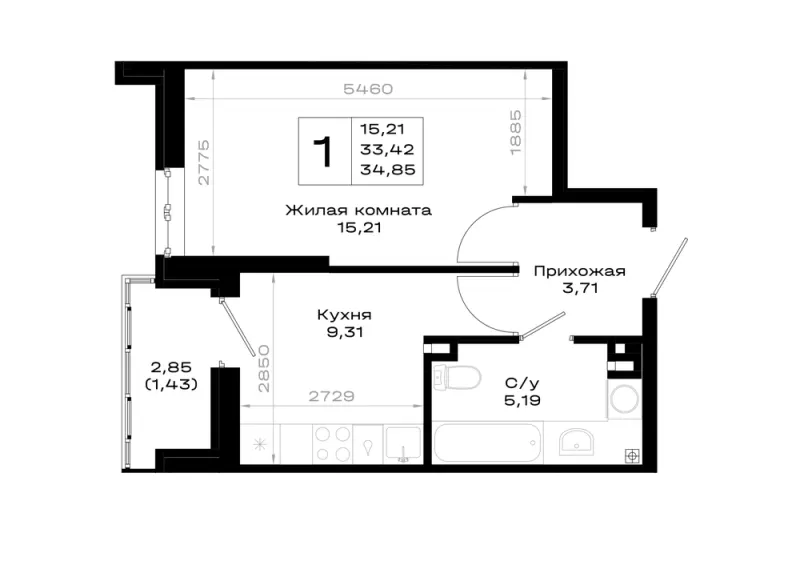 1-комн. 34.9 м²