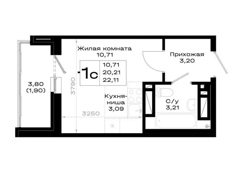 Студия 22.1 м²