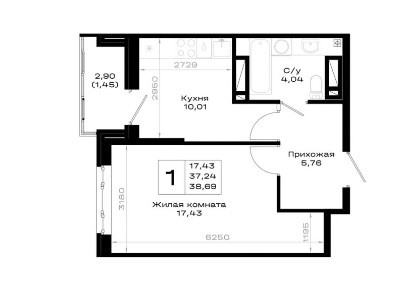 1-комн. 38.7 м²