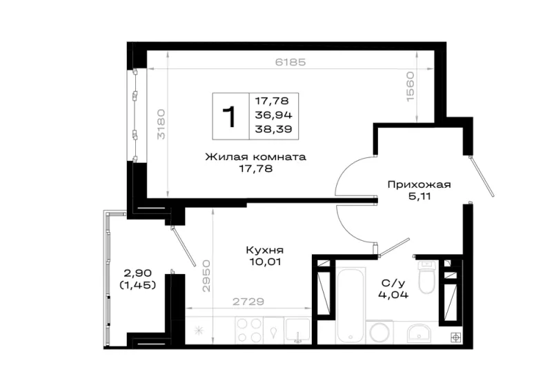 1-комн. 38.4 м²