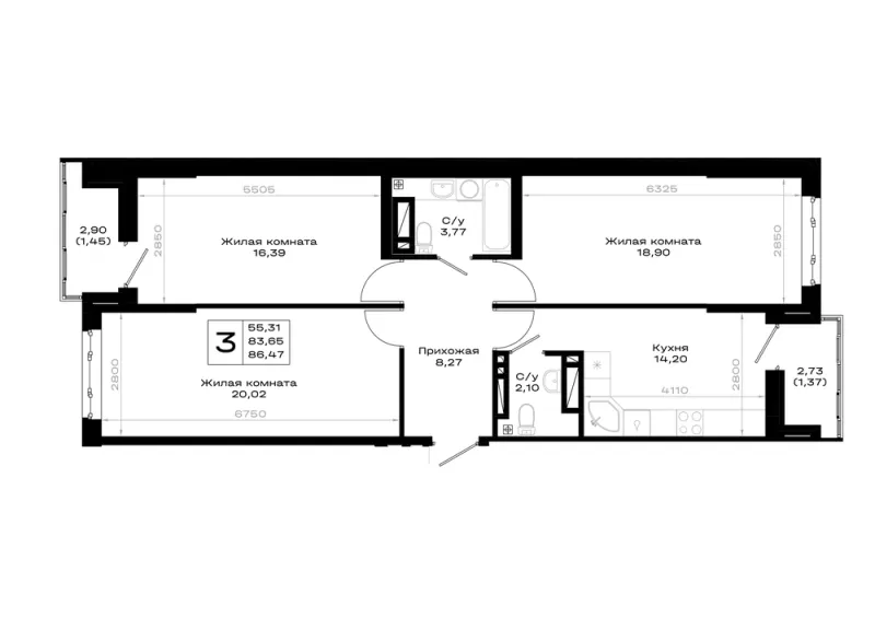 3-комн. 86.5 м²