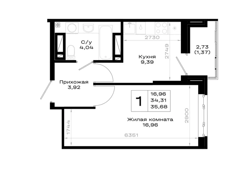1-комн. 35.7 м²