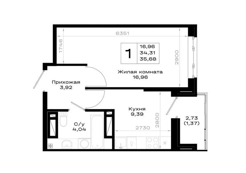 1-комн. 35.7 м²