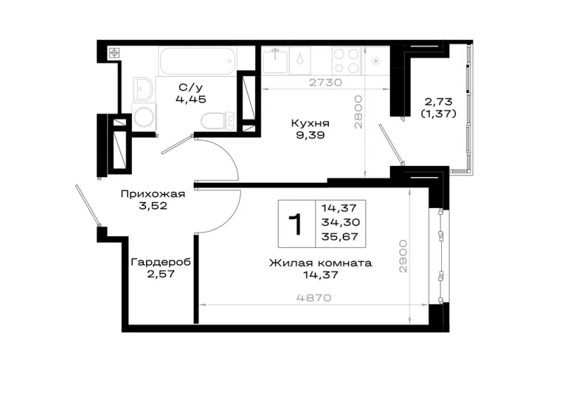 1-комн. 35.7 м²