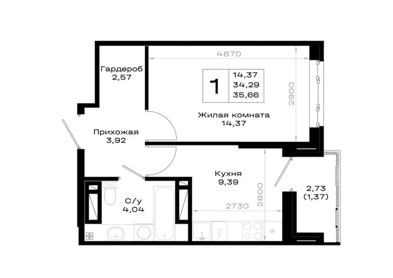 1-комн. 35.7 м²