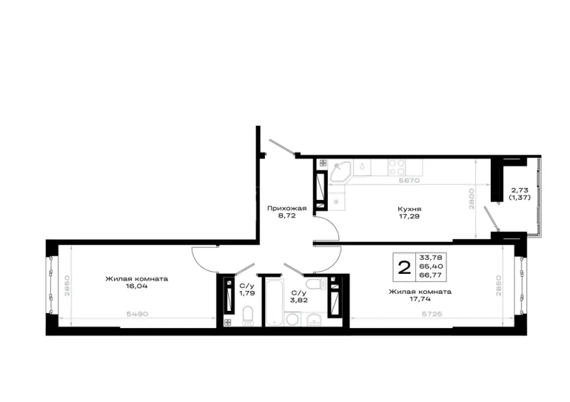 2-комн. 66.8 м²
