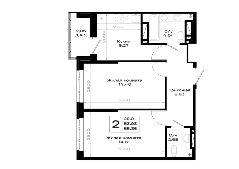 2-комн. 55.4 м²
