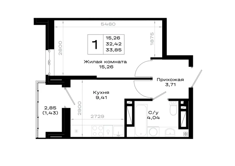 1-комн. 33.9 м²