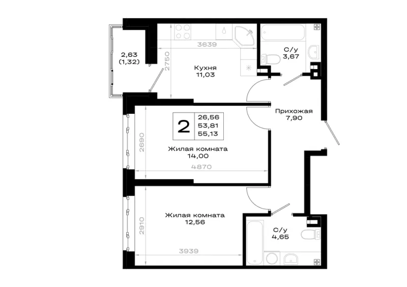 2-комн. 55.1 м²