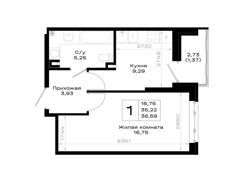 1-комн. 36.6 м²