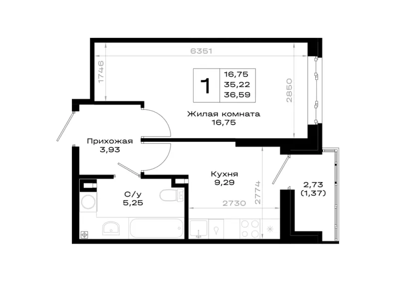 1-комн. 36.6 м²
