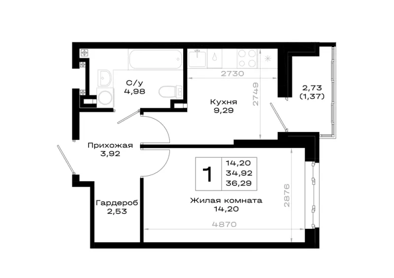 1-комн. 36.3 м²