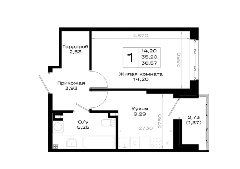 1-комн. 36.6 м²