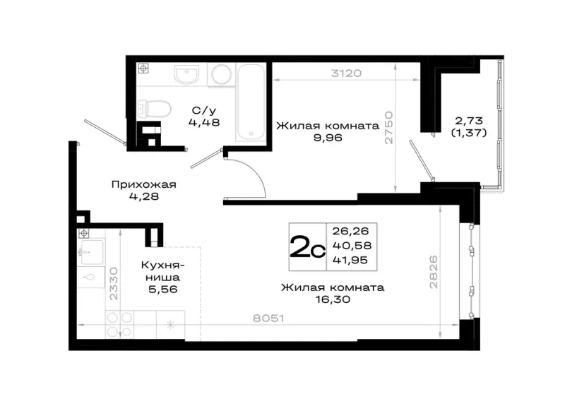 1-комн. 42 м²