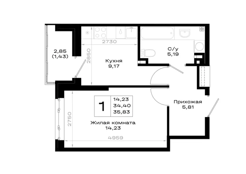 1-комн. 35.8 м²