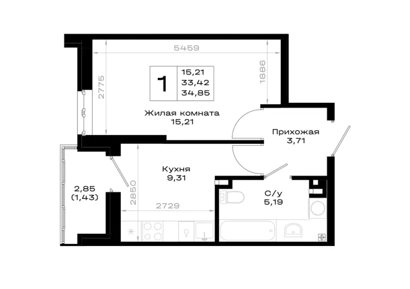 1-комн. 34.9 м²
